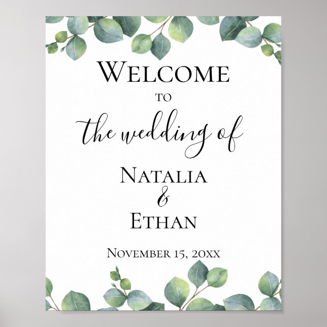 Poster Bienvenue au Mariage du feuillage Eucalyptus (Devant)