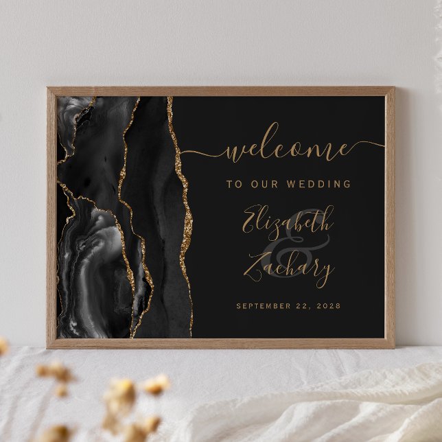 Poster Bienvenue au mariage élégant Agate Noir Or Script  (Créateur téléchargé)