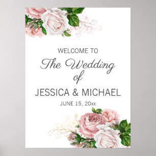 Poster Bienvenue au mariage floral aquarelle rose tendre
