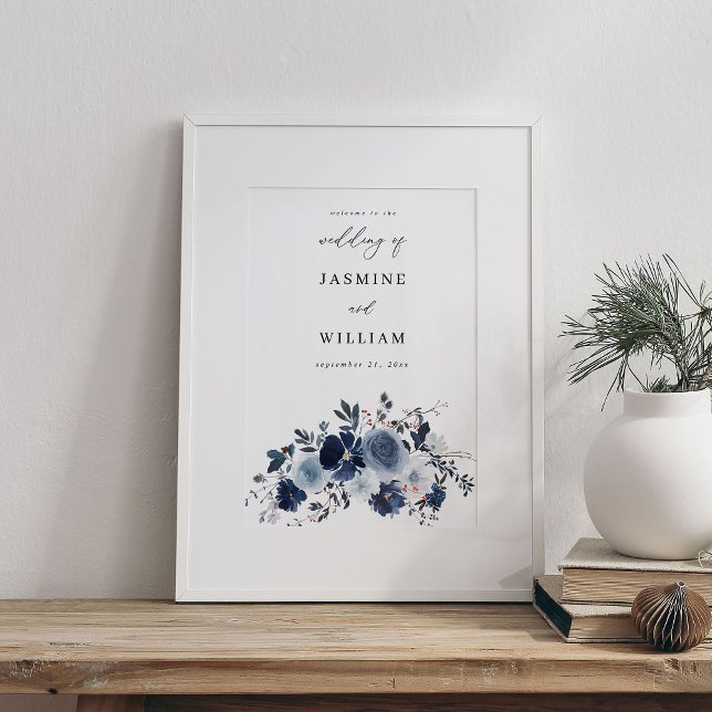Poster Bienvenue au Mariage Floral Blue & Navy (Créateur téléchargé)