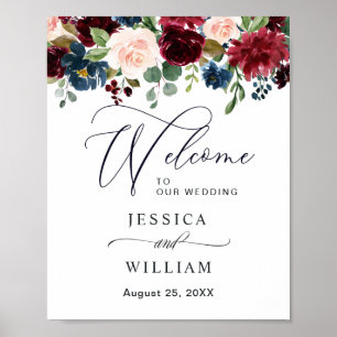 Poster Bienvenue au mariage floral Burgundy Navy Blush