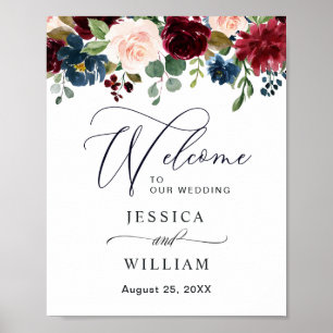 Poster Bienvenue au mariage floral Burgundy Navy Blush