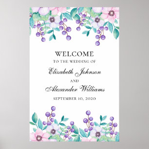 Poster Bienvenue au mariage floral rose et violet à l'aqu