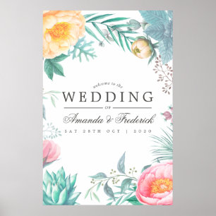 Poster Bienvenue au mariage floral tropical mint estival