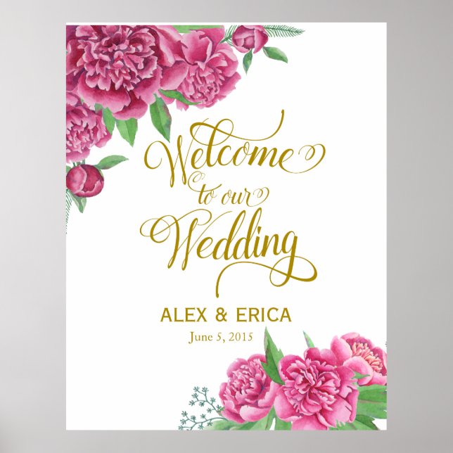 Poster bienvenue au mariage peony rose signe or rose (Devant)