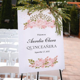 Poster Bienvenue au Tiara doré floral rose pâle Quinceane
