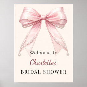 Poster Bienvenue avec un grand nœud rose et des perles en