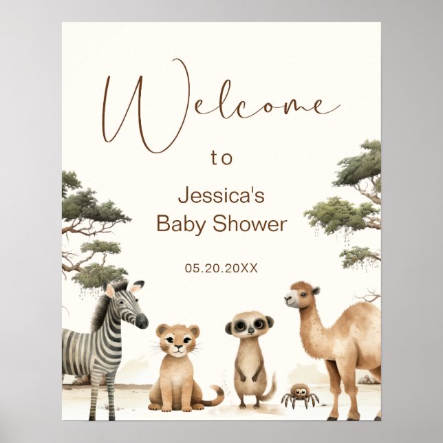 Poster Bienvenue Baby shower de la jungle Safari Aquarell (Devant)