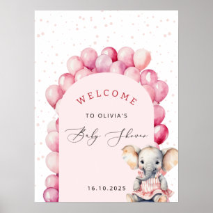 Poster Bienvenue Baby shower fille Eléphant rose Ballons