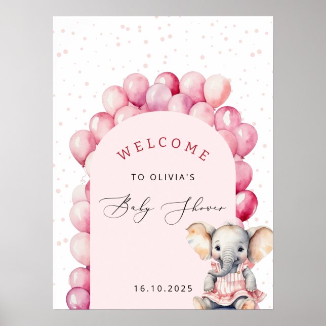 Poster Bienvenue Baby shower fille Eléphant rose Ballons (Devant)