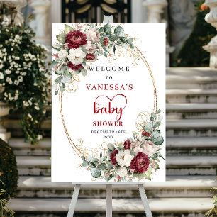Poster Bienvenue Baby Shower Floral Eucalyptus Or Bourgog
