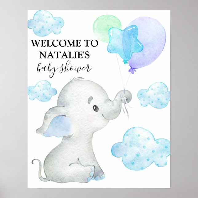 Poster Bienvenue Baby shower garçon Eléphant mignonne (Devant)