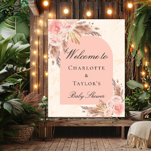 Poster Bienvenue baby shower herbe de pampa rose gold blu