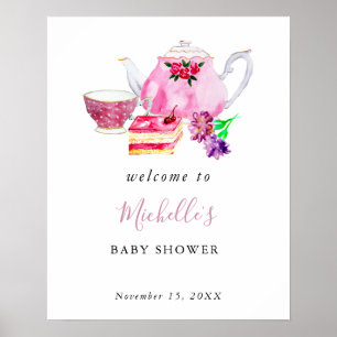 Poster Bienvenue Baby Shower Tea Party Rose Aquarelle