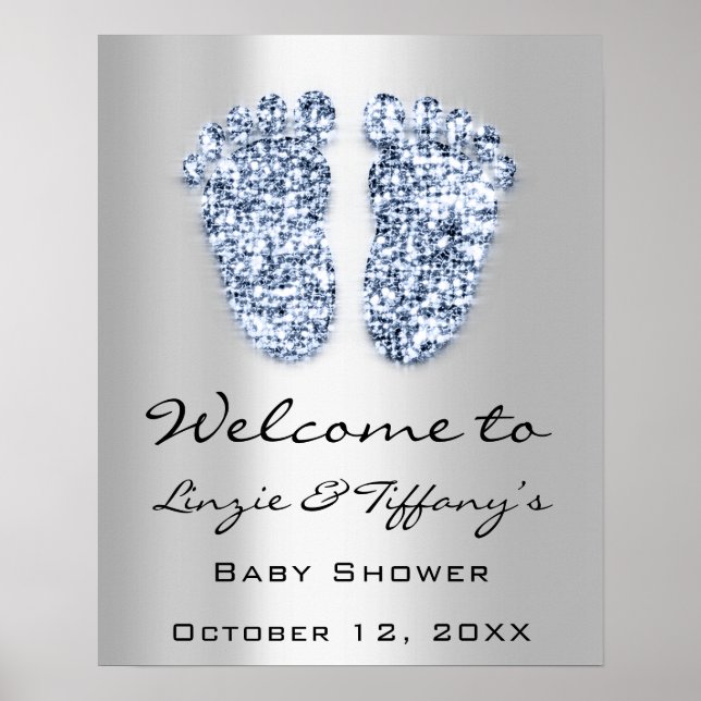 Poster Bienvenue Bébé Bleu Pieds Bébé Shower Garçon Argen (Devant)