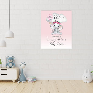 Poster Bienvenue Bébé Fille Montgolfière Éléphant