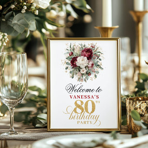 Poster Bienvenue boho blush burgundy 80e anniversaire 8x1