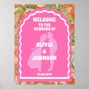 Poster Bienvenue Bold rose orange rétro Mariage d'arc flo