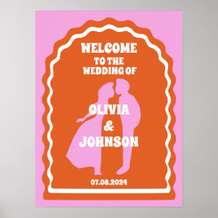 Poster Bienvenue Bold Rose Orange Retro Wavy Arch Mariage