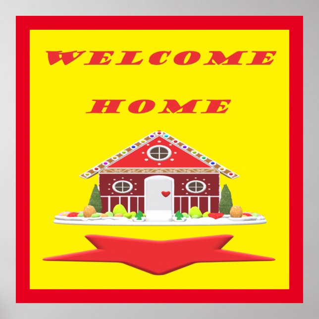 Poster Bienvenue chez vous avec les couleurs rouge maison (Devant)