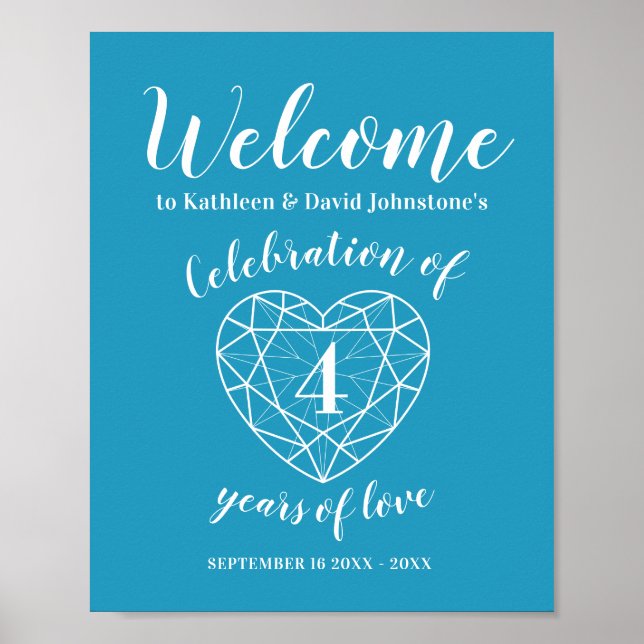 Poster Bienvenue coeur 4e anniversaire personnalisé bleu (Devant)