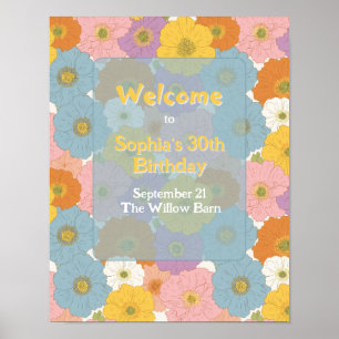 Poster Bienvenue d'anniversaire à Hippie Florale Retro
