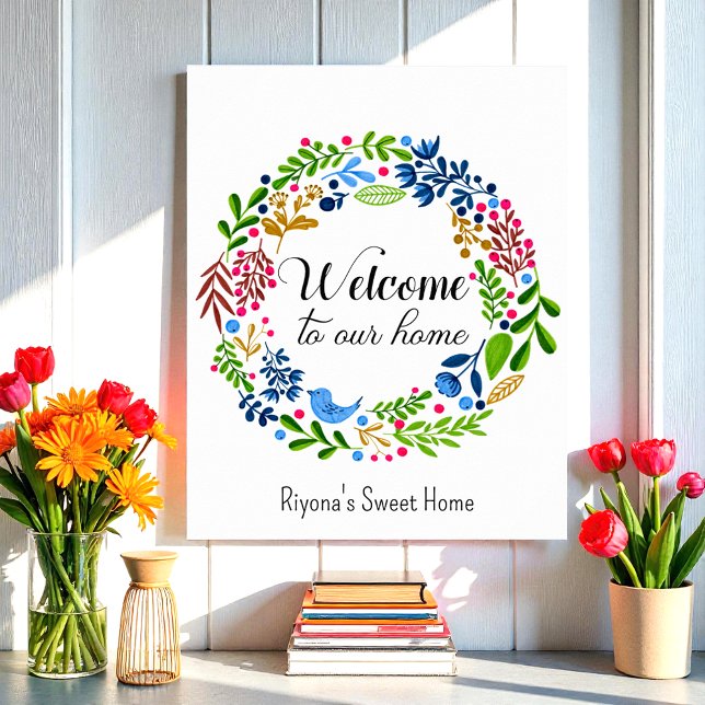 Poster Bienvenue dans notre Home Green Black Floral Typog (Créateur téléchargé)
