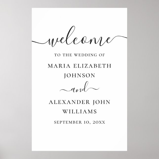 Poster Bienvenue de mariage à l'écriture simple noir et b (Devant)