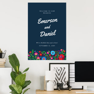 Poster Bienvenue de mariage en broderie mexicaine bleu ma