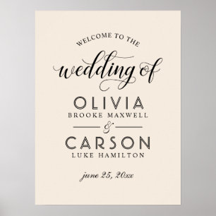 Poster Bienvenue de mariage moderne à la crème et au noir