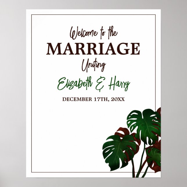 Poster Bienvenue de mariage tropical de Monstera Beach (Devant)