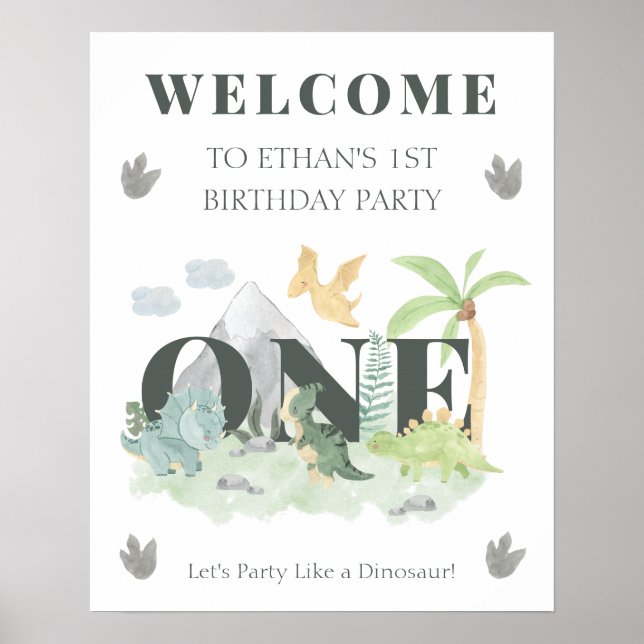 Poster Bienvenue Dinosaur 1er anniversaire Boy Cute Jungl (Devant)