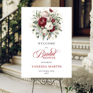 Poster Bienvenue élégant floral burgundy eucalyptus or