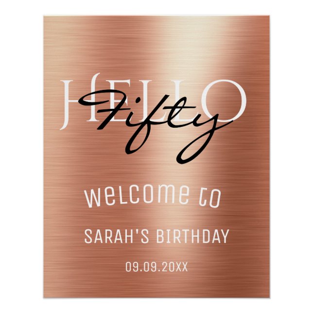 Poster Bienvenue Elegant Rose Gold Hello Cinquante Annive (Devant)