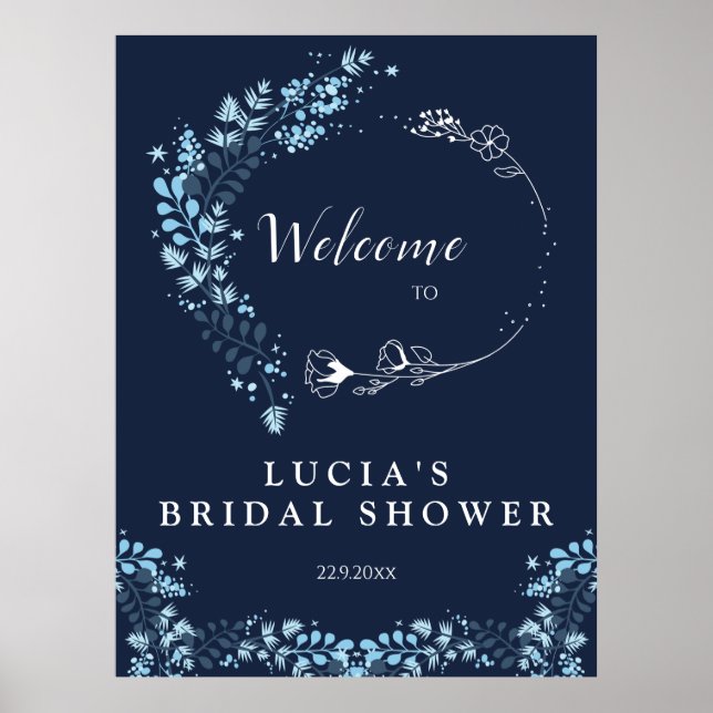 Poster Bienvenue élégante en navy avec monogramme floral  (Devant)