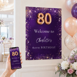 Poster Bienvenue étincelles violettes 80 ans
