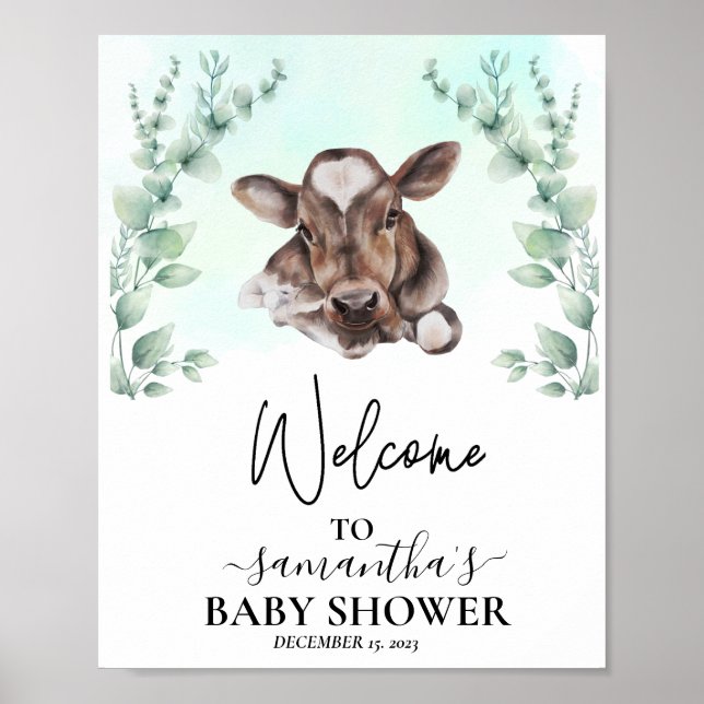 Poster Bienvenue Eucalyptus Cow Calf Baby shower (Devant)