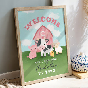 Poster Bienvenue Fille Animaux de Ferme Rose 2ème Anniver