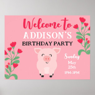 Poster Bienvenue Filles Fête Anniversaire Cochon Floral