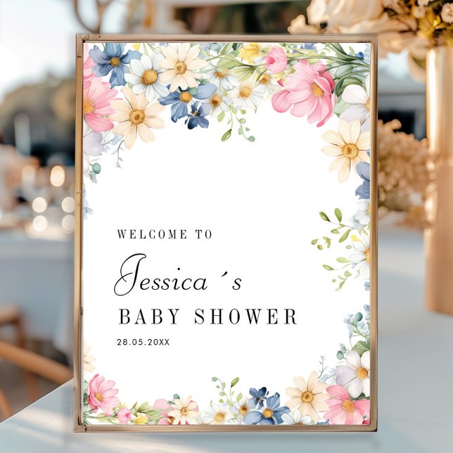 Poster Bienvenue ! Fleur sauvage, Baby shower (Personalized "Welcome!" Wildflower, Baby Shower Poster with your name and date.)