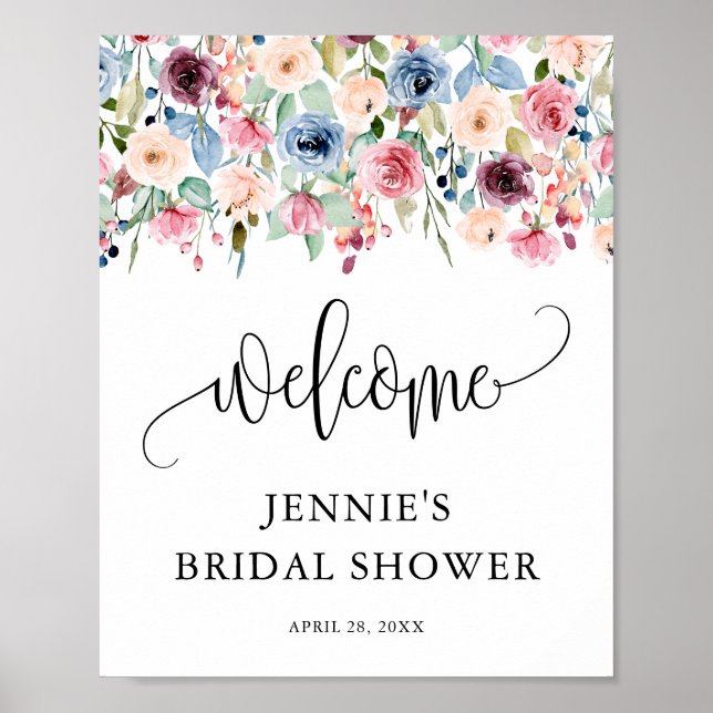 Poster Bienvenue, Fleurs aquarelles Fleur Personnalisées (Devant)