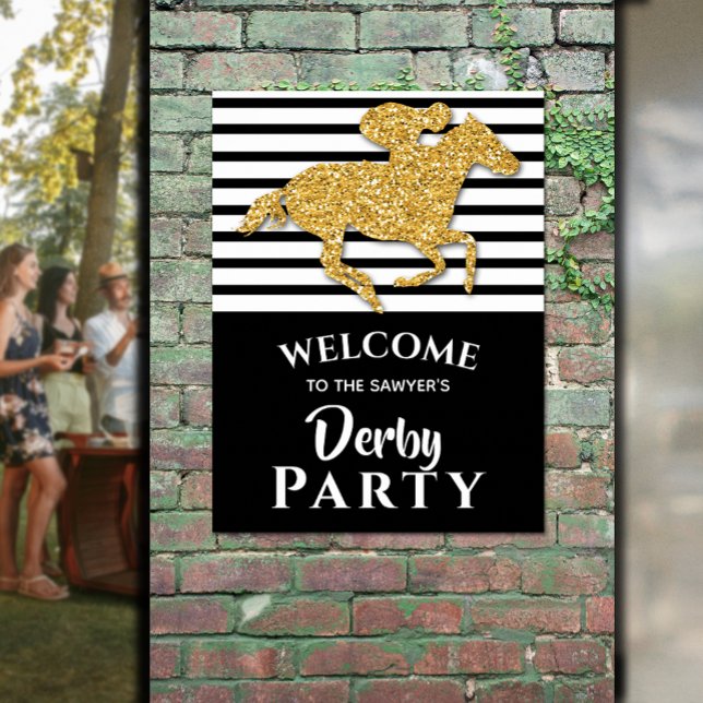 Poster Bienvenue Gold Racehorse Derby Party (Gold Horse Black White Stripes Derby Welcome Poster - INSTANT DOWNLOAD and/or PRINTED)