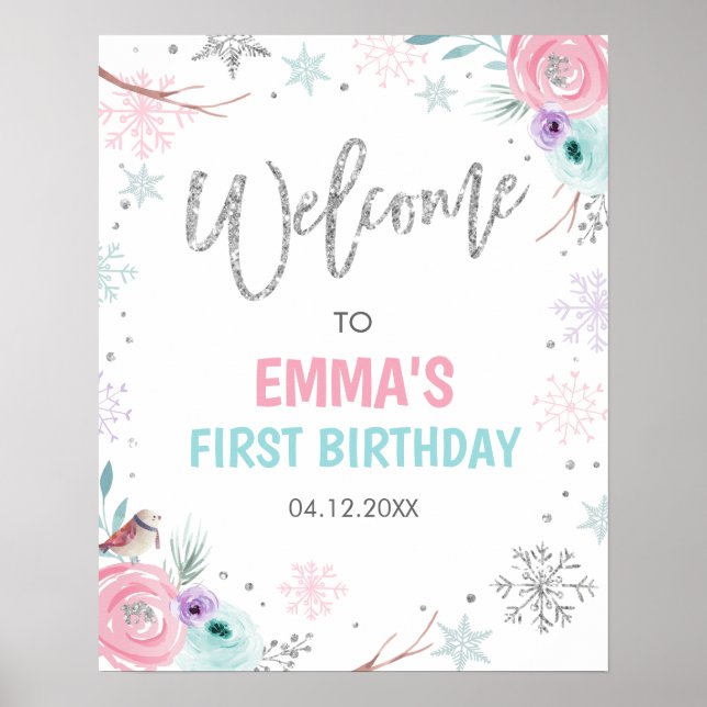 Poster Bienvenue hiver Onederland Girl Floral Anniversair (Devant)