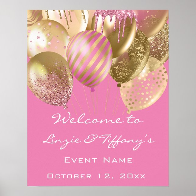 Poster Bienvenue Mariage Anniversaire Ballons d'or rose (Devant)
