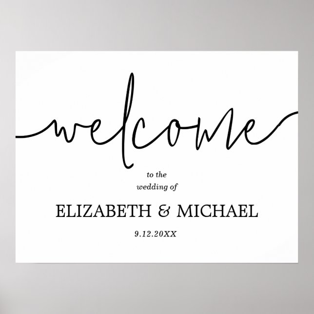 Poster Bienvenue Mariage de calligraphie noir et blanc (Devant)