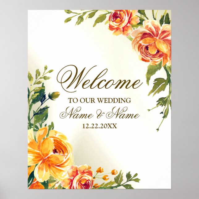 Poster Bienvenue Mariage Fête Orange Jaune Rouge Floral (Devant)
