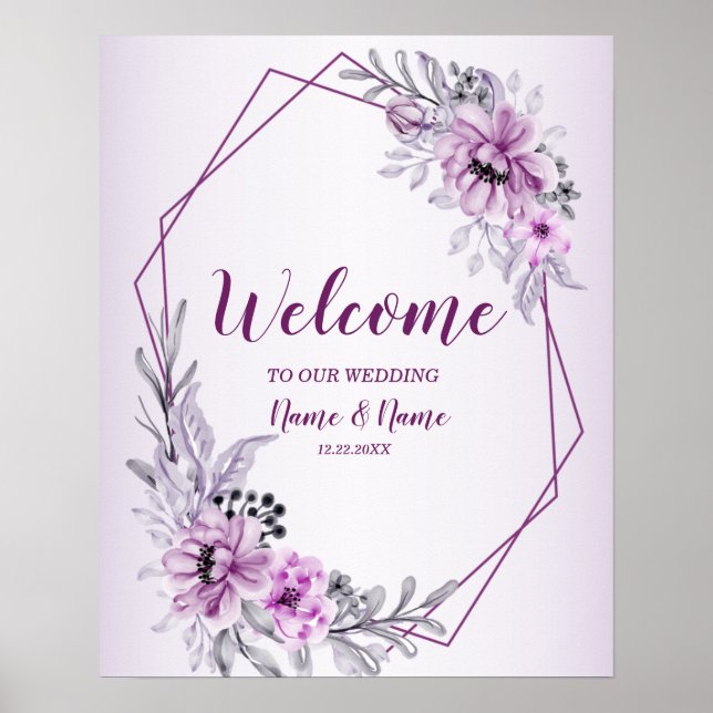 Poster Bienvenue Mariage Fête Rose Floral Violet Pourpre (Devant)