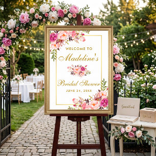 Poster Bienvenue Mariage Fleur Rose Aquarelle Or