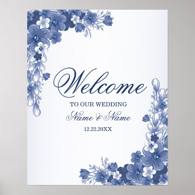 Poster Bienvenue Mariage Fleurs Bleu Élégant Rustique (Devant)