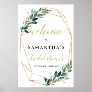 Poster Bienvenue mariage géométrique or eucalyptus vert